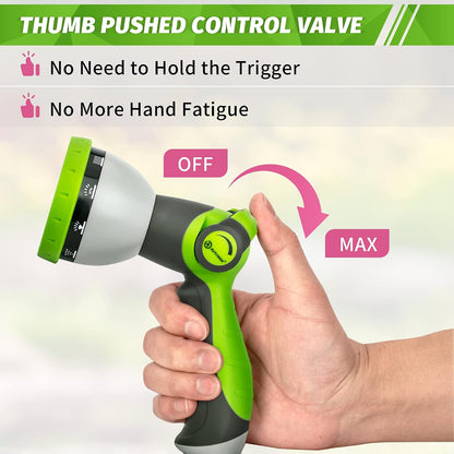 Garden Hose Nozzle Sprayer - 10 Spray Patterns, Thumb Control On Off Valve, Durable Water Nozzle, Extra 4 Washers, for Watering Garden, Cleaning, Washing Car, Showering Pets Lawngreen