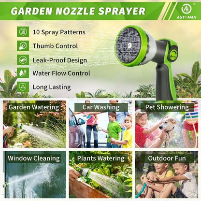 Garden Hose Nozzle Sprayer - 10 Spray Patterns, Thumb Control On Off Valve, Durable Water Nozzle, Extra 4 Washers, for Watering Garden, Cleaning, Washing Car, Showering Pets Lawngreen