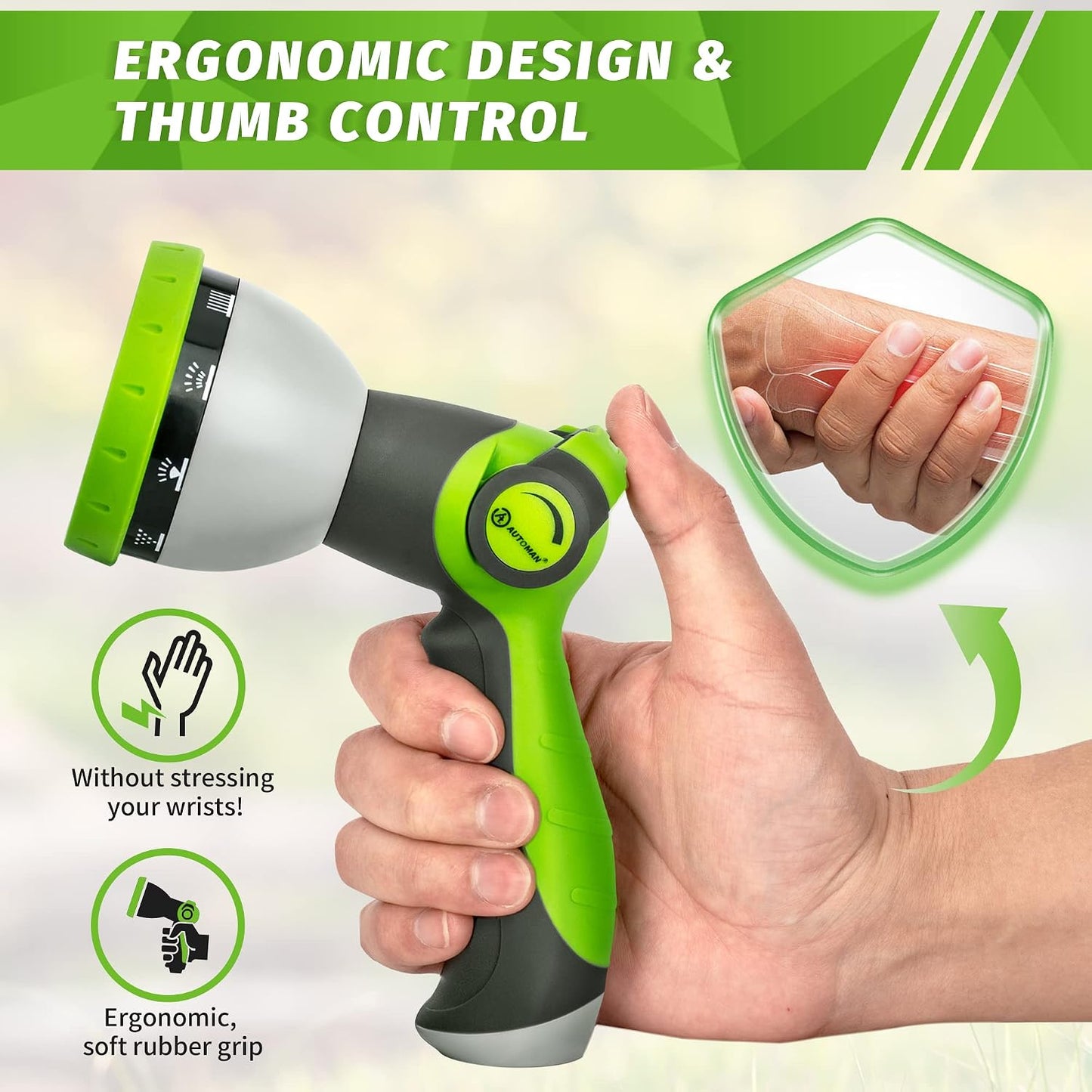 Garden Hose Nozzle Sprayer - 10 Spray Patterns, Thumb Control On Off Valve, Durable Water Nozzle, Extra 4 Washers, for Watering Garden, Cleaning, Washing Car, Showering Pets Lawngreen