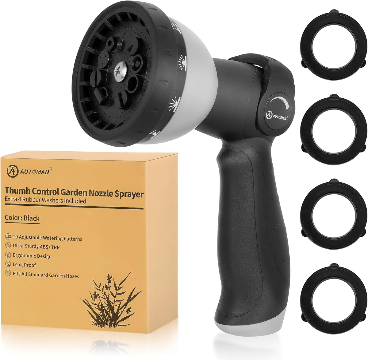 Garden Hose Nozzle Sprayer - 10 Spray Patterns, Thumb Control On Off Valve, Durable Water Nozzle, Extra 4 Washers, for Watering Garden, Cleaning, Washing Car, Showering Pets Lawngreen