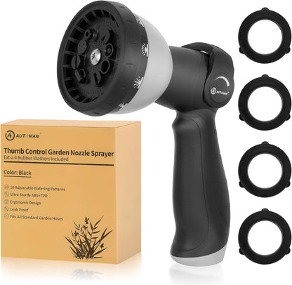 Garden Hose Nozzle Sprayer - 10 Spray Patterns, Thumb Control On Off Valve, Durable Water Nozzle, Extra 4 Washers, for Watering Garden, Cleaning, Washing Car, Showering Pets Lawngreen