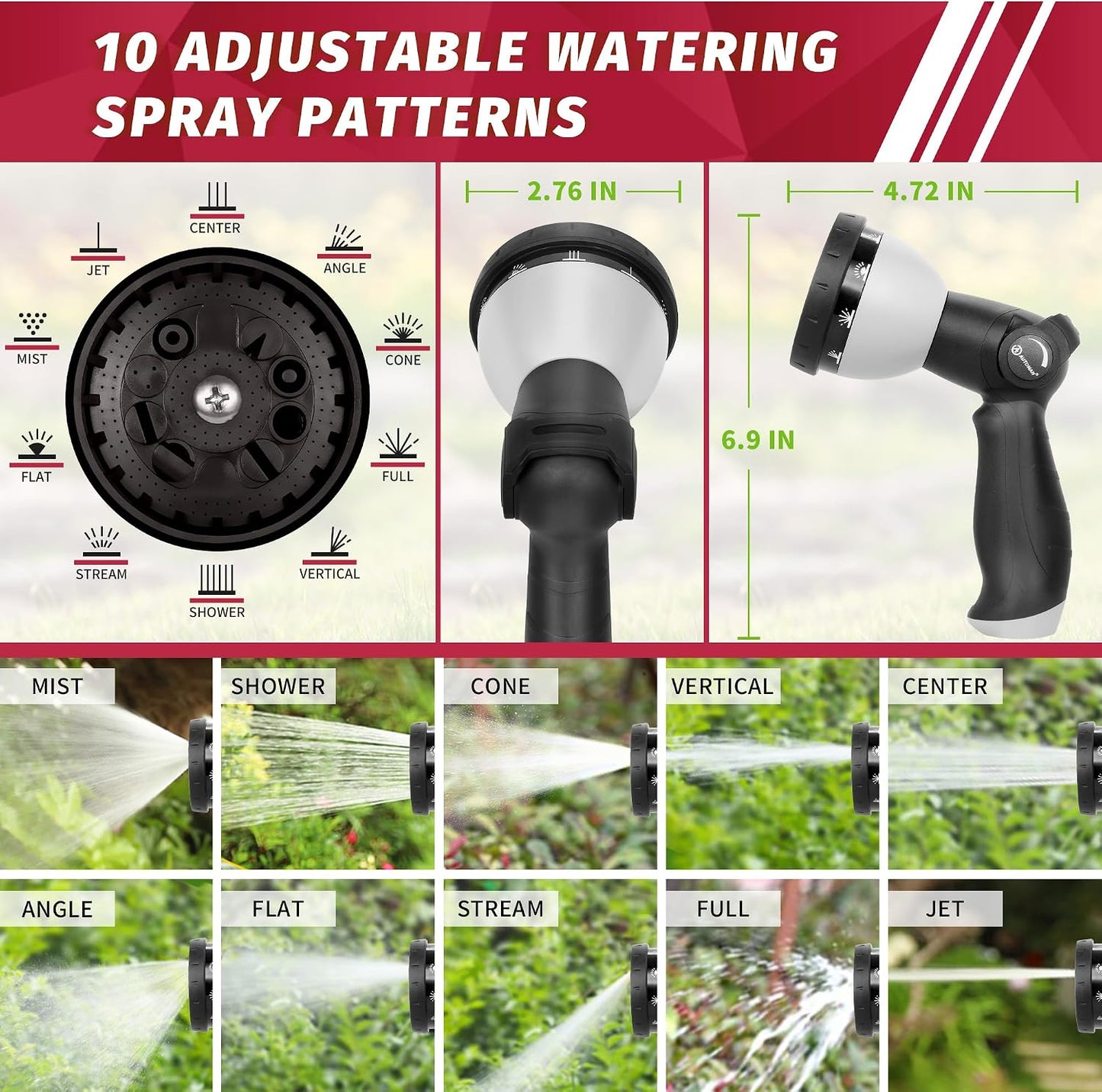 Garden Hose Nozzle Sprayer - 10 Spray Patterns, Thumb Control On Off Valve, Durable Water Nozzle, Extra 4 Washers, for Watering Garden, Cleaning, Washing Car, Showering Pets Lawngreen