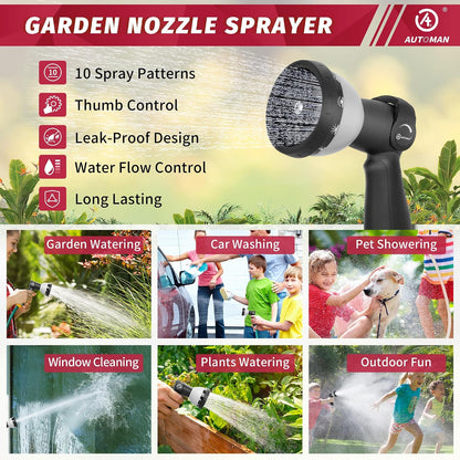 Garden Hose Nozzle Sprayer - 10 Spray Patterns, Thumb Control On Off Valve, Durable Water Nozzle, Extra 4 Washers, for Watering Garden, Cleaning, Washing Car, Showering Pets Lawngreen