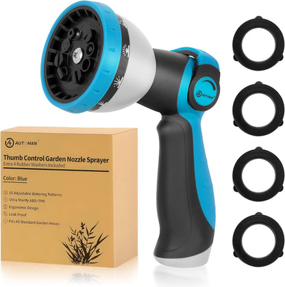Garden Hose Nozzle Sprayer - 10 Spray Patterns, Thumb Control On Off Valve, Durable Water Nozzle, Extra 4 Washers, for Watering Garden, Cleaning, Washing Car, Showering Pets Lawngreen