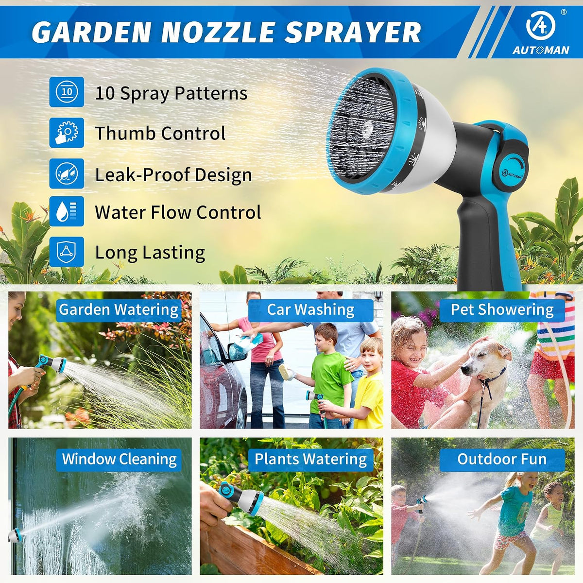 Garden Hose Nozzle Sprayer - 10 Spray Patterns, Thumb Control On Off Valve, Durable Water Nozzle, Extra 4 Washers, for Watering Garden, Cleaning, Washing Car, Showering Pets Lawngreen