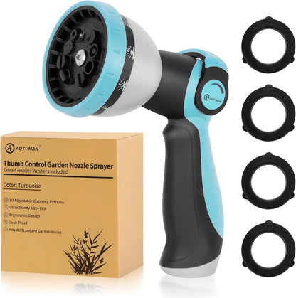 Garden Hose Nozzle Sprayer - 10 Spray Patterns, Thumb Control On Off Valve, Durable Water Nozzle, Extra 4 Washers, for Watering Garden, Cleaning, Washing Car, Showering Pets Lawngreen