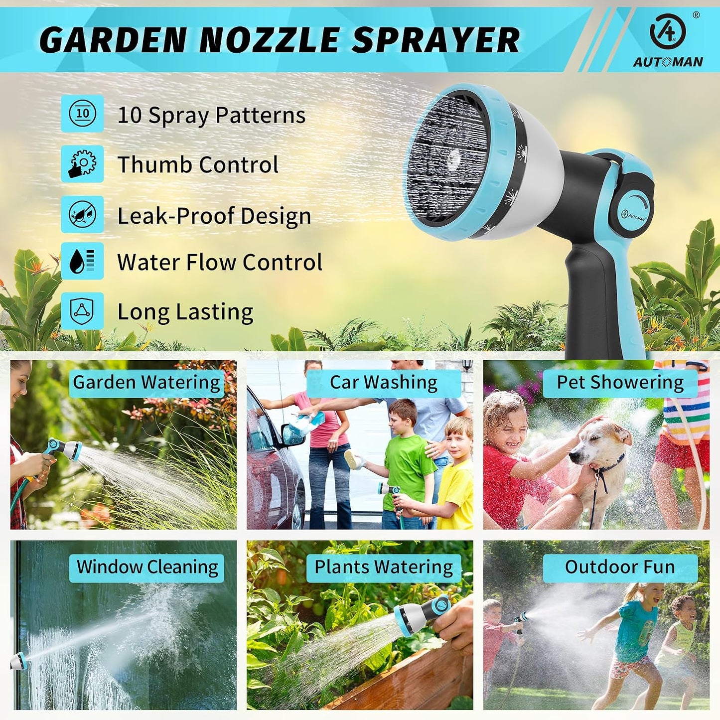Garden Hose Nozzle Sprayer - 10 Spray Patterns, Thumb Control On Off Valve, Durable Water Nozzle, Extra 4 Washers, for Watering Garden, Cleaning, Washing Car, Showering Pets Lawngreen
