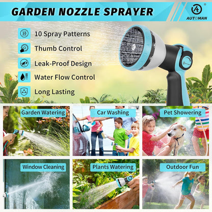 Garden Hose Nozzle Sprayer - 10 Spray Patterns, Thumb Control On Off Valve, Durable Water Nozzle, Extra 4 Washers, for Watering Garden, Cleaning, Washing Car, Showering Pets Lawngreen