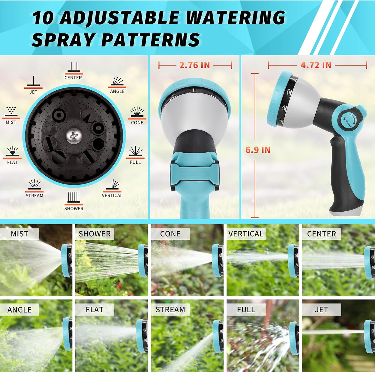 Garden Hose Nozzle Sprayer - 10 Spray Patterns, Thumb Control On Off Valve, Durable Water Nozzle, Extra 4 Washers, for Watering Garden, Cleaning, Washing Car, Showering Pets Lawngreen
