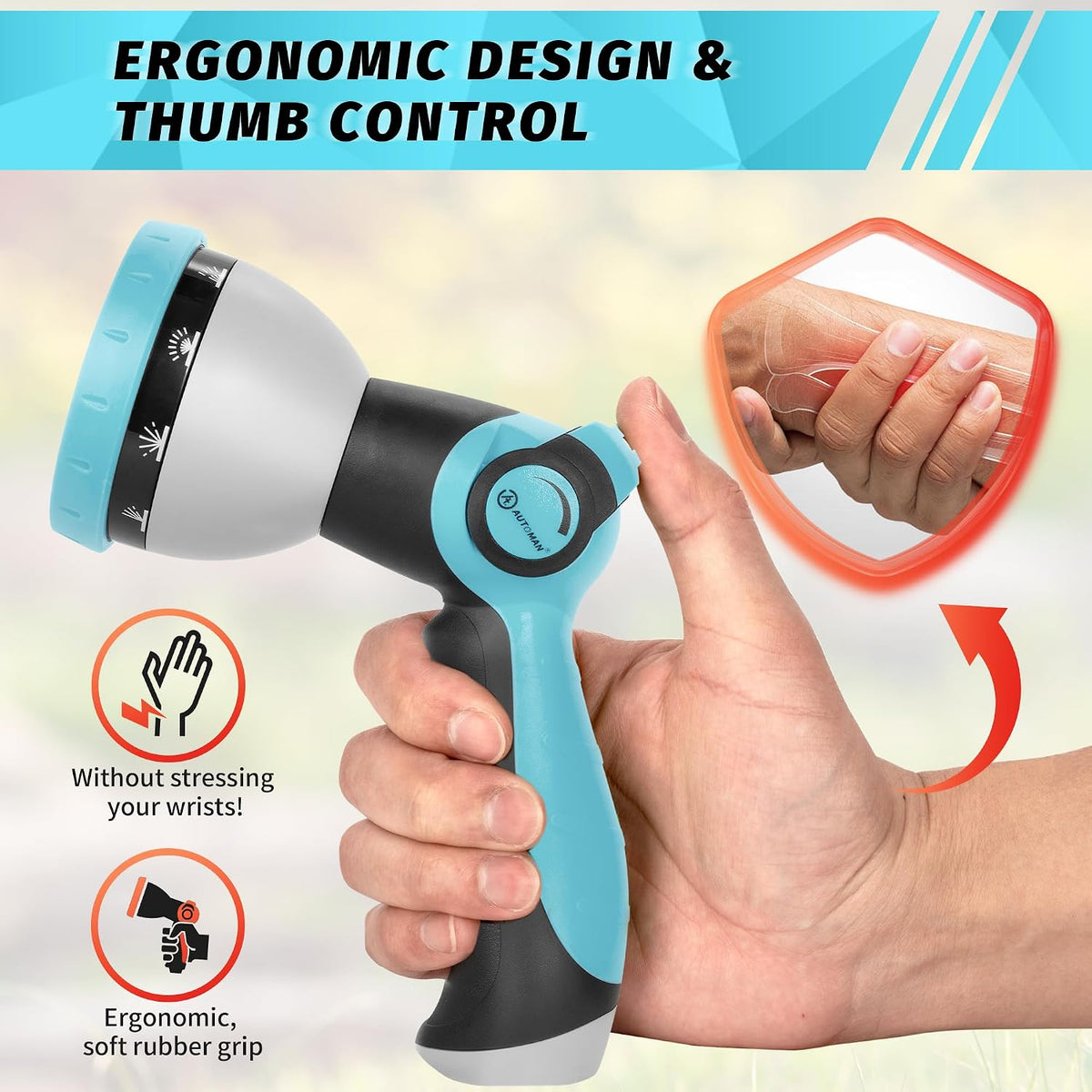 Garden Hose Nozzle Sprayer - 10 Spray Patterns, Thumb Control On Off Valve, Durable Water Nozzle, Extra 4 Washers, for Watering Garden, Cleaning, Washing Car, Showering Pets Lawngreen