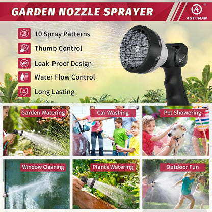 Garden Hose Nozzle Sprayer - 10 Spray Patterns, Thumb Control On Off Valve, Durable Water Nozzle, Extra 4 Washers, for Watering Garden, Cleaning, Washing Car, Showering Pets Lawngreen