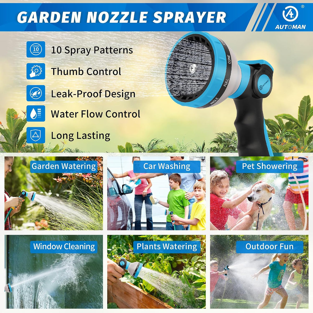 Garden Hose Nozzle Sprayer - 10 Spray Patterns, Thumb Control On Off Valve, Durable Water Nozzle, Extra 4 Washers, for Watering Garden, Cleaning, Washing Car, Showering Pets Lawngreen