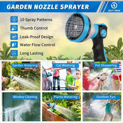 Garden Hose Nozzle Sprayer - 10 Spray Patterns, Thumb Control On Off Valve, Durable Water Nozzle, Extra 4 Washers, for Watering Garden, Cleaning, Washing Car, Showering Pets Lawngreen