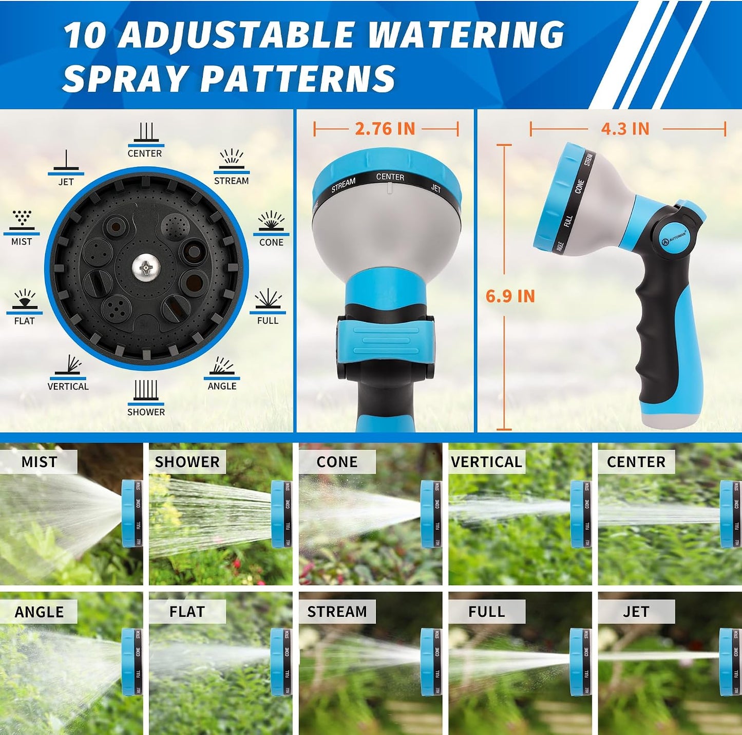 Garden Hose Nozzle Sprayer - 10 Spray Patterns, Thumb Control On Off Valve, Durable Water Nozzle, Extra 4 Washers, for Watering Garden, Cleaning, Washing Car, Showering Pets Lawngreen