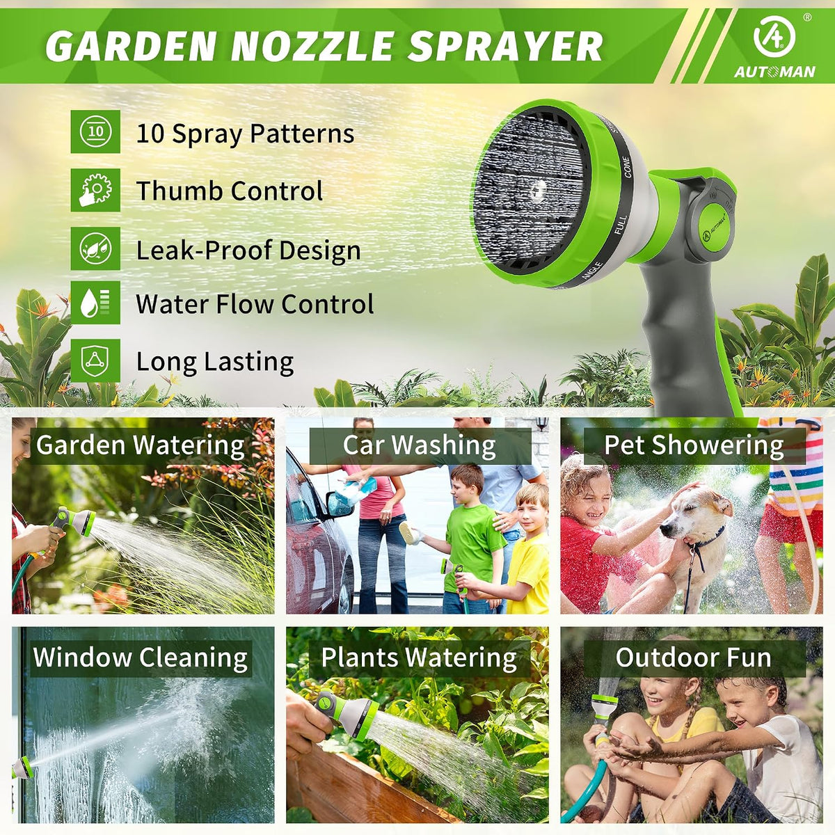 Garden Hose Nozzle Sprayer - 10 Spray Patterns, Thumb Control On Off Valve, Durable Water Nozzle, Extra 4 Washers, for Watering Garden, Cleaning, Washing Car, Showering Pets Lawngreen