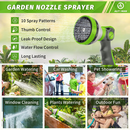 Garden Hose Nozzle Sprayer - 10 Spray Patterns, Thumb Control On Off Valve, Durable Water Nozzle, Extra 4 Washers, for Watering Garden, Cleaning, Washing Car, Showering Pets Lawngreen