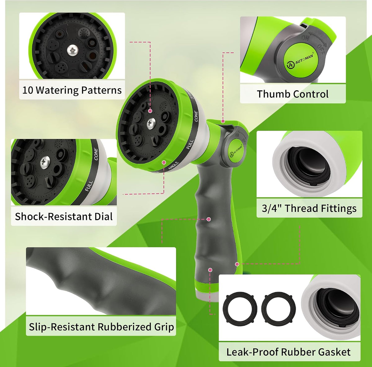 Garden Hose Nozzle Sprayer - 10 Spray Patterns, Thumb Control On Off Valve, Durable Water Nozzle, Extra 4 Washers, for Watering Garden, Cleaning, Washing Car, Showering Pets Lawngreen