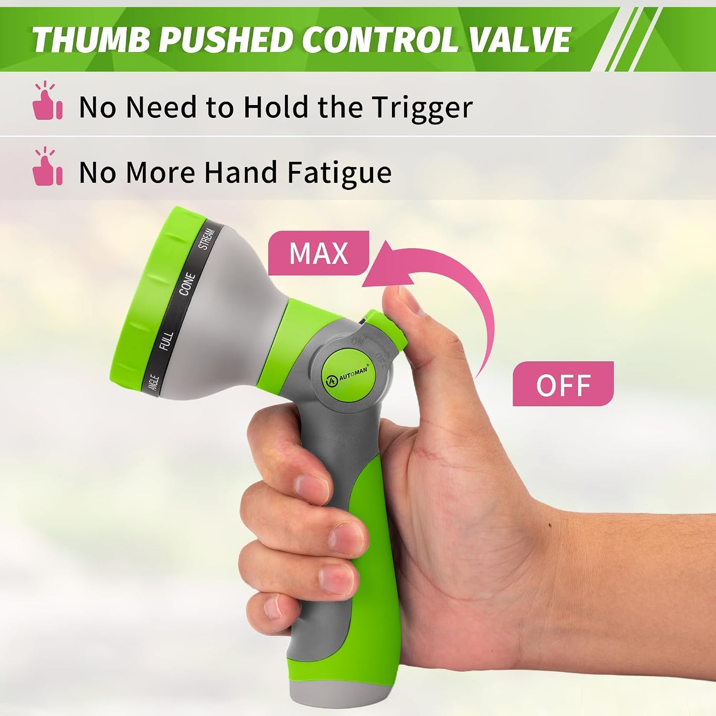 Garden Hose Nozzle Sprayer - 10 Spray Patterns, Thumb Control On Off Valve, Durable Water Nozzle, Extra 4 Washers, for Watering Garden, Cleaning, Washing Car, Showering Pets Lawngreen