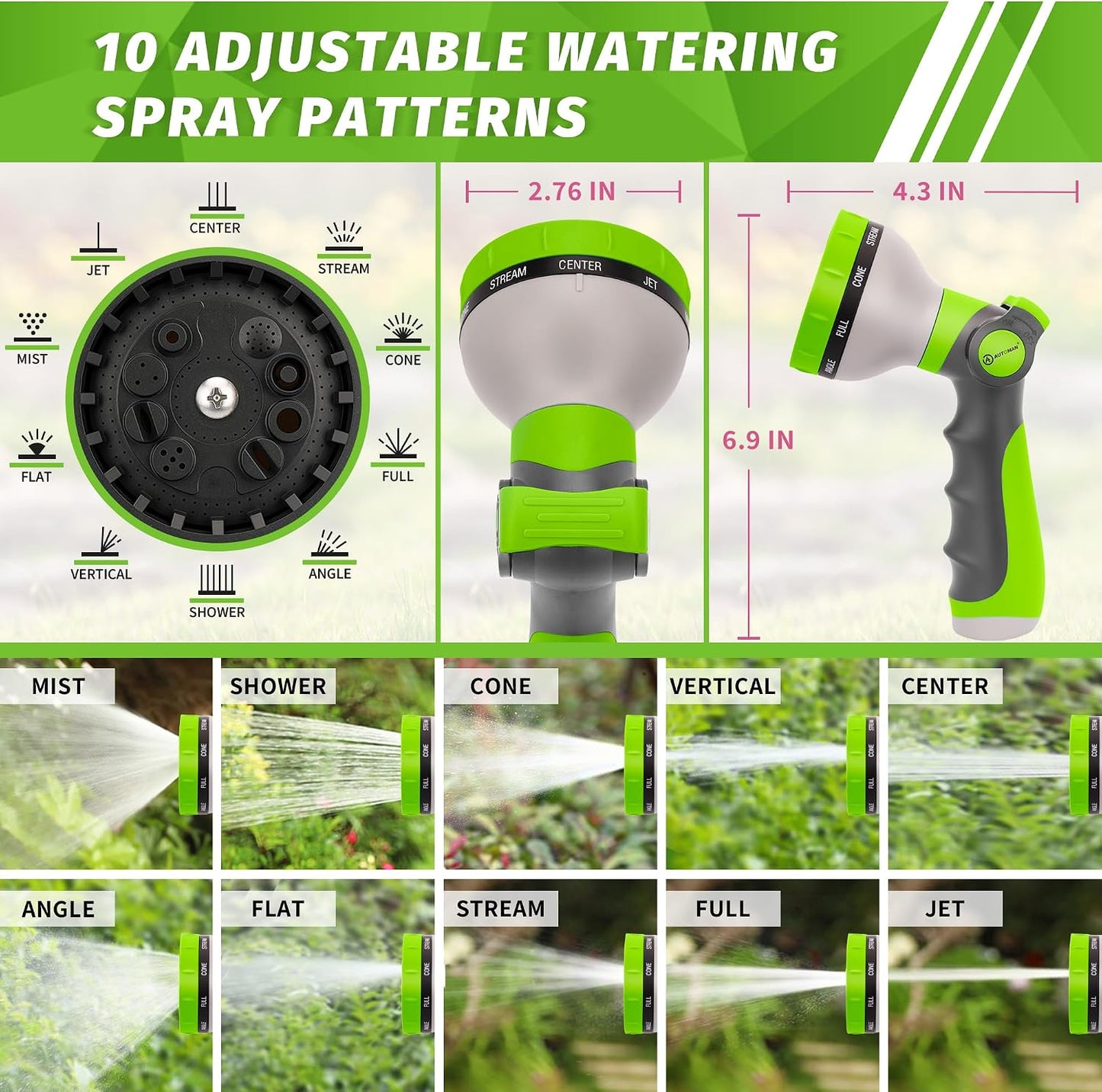 Garden Hose Nozzle Sprayer - 10 Spray Patterns, Thumb Control On Off Valve, Durable Water Nozzle, Extra 4 Washers, for Watering Garden, Cleaning, Washing Car, Showering Pets Lawngreen