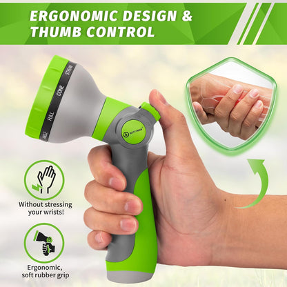 Garden Hose Nozzle Sprayer - 10 Spray Patterns, Thumb Control On Off Valve, Durable Water Nozzle, Extra 4 Washers, for Watering Garden, Cleaning, Washing Car, Showering Pets Lawngreen