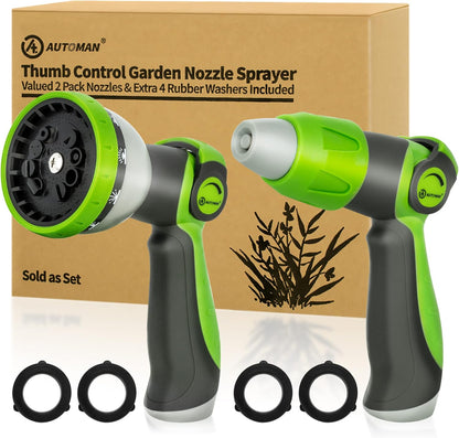 Garden Hose Nozzle Sprayer - 10 Spray Patterns, Thumb Control On Off Valve, Durable Water Nozzle, Extra 4 Washers, for Watering Garden, Cleaning, Washing Car, Showering Pets Lawngreen