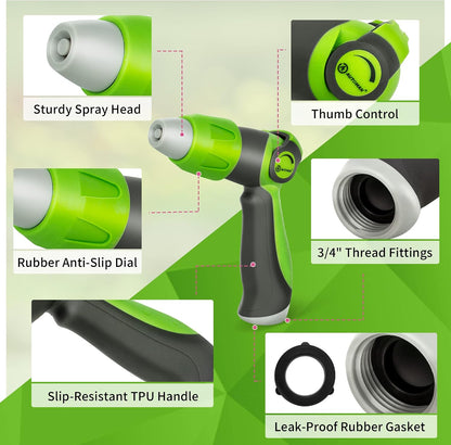 Garden Hose Nozzle Sprayer - 10 Spray Patterns, Thumb Control On Off Valve, Durable Water Nozzle, Extra 4 Washers, for Watering Garden, Cleaning, Washing Car, Showering Pets Lawngreen