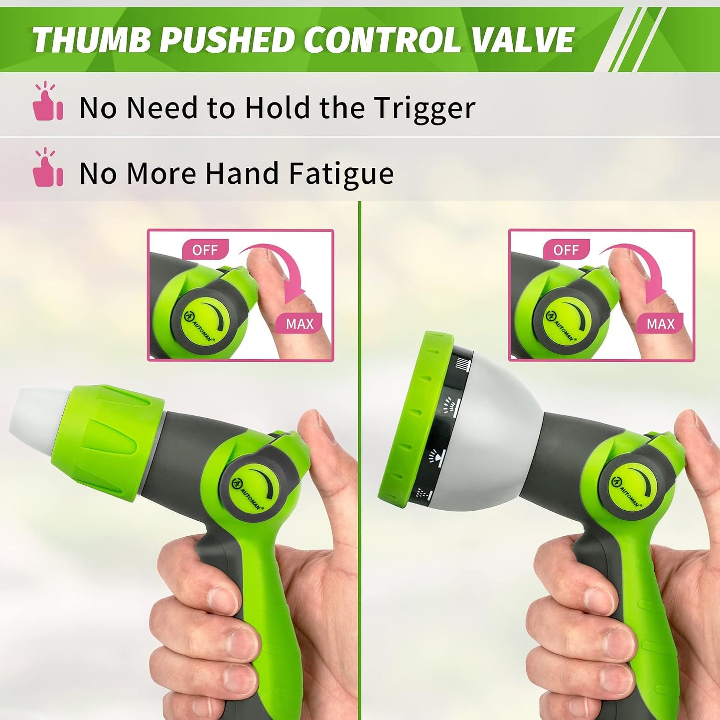 Garden Hose Nozzle Sprayer - 10 Spray Patterns, Thumb Control On Off Valve, Durable Water Nozzle, Extra 4 Washers, for Watering Garden, Cleaning, Washing Car, Showering Pets Lawngreen