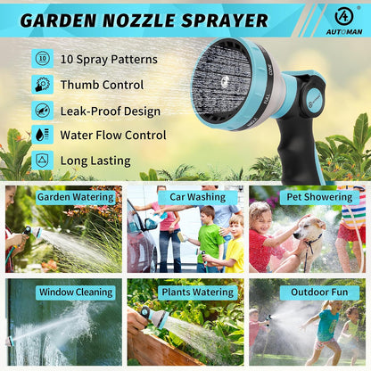 Garden Hose Nozzle Sprayer - 10 Spray Patterns, Thumb Control On Off Valve, Durable Water Nozzle, Extra 4 Washers, for Watering Garden, Cleaning, Washing Car, Showering Pets Lawngreen