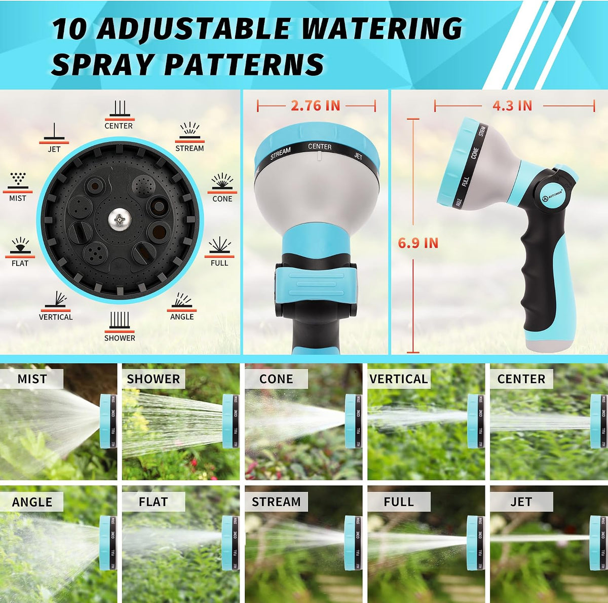 Garden Hose Nozzle Sprayer - 10 Spray Patterns, Thumb Control On Off Valve, Durable Water Nozzle, Extra 4 Washers, for Watering Garden, Cleaning, Washing Car, Showering Pets Lawngreen