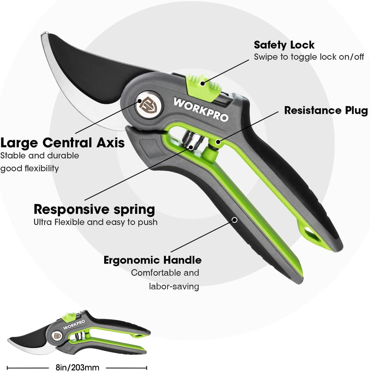 Pruning Shears, Garden Clippers with SK5 Steel Blades, 8" Bypass
