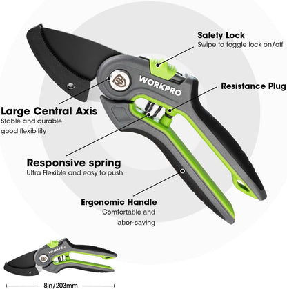 Pruning Shears, Garden Clippers with SK5 Steel Blades, 8" Bypass