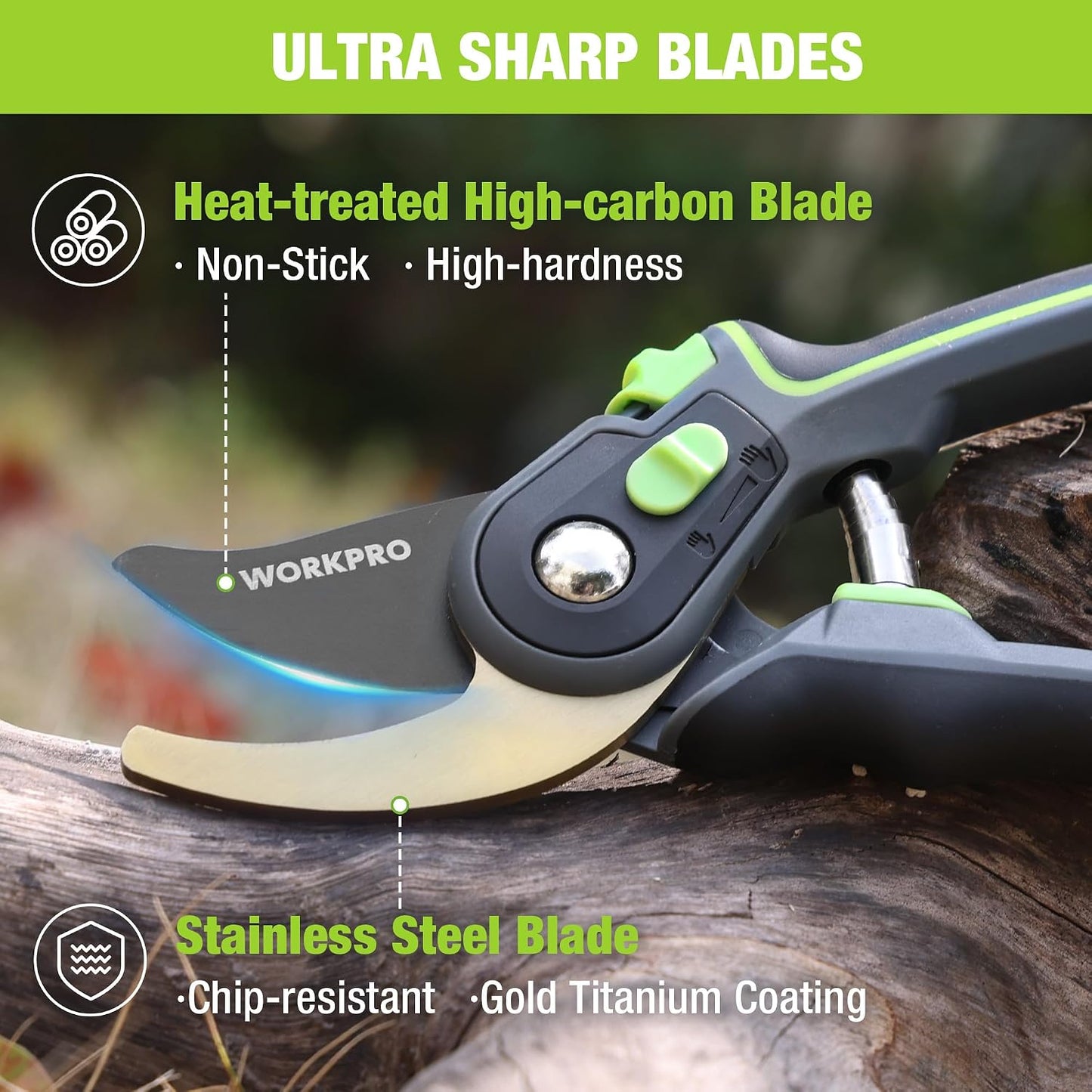 Pruning Shears, Garden Clippers with SK5 Steel Blades, 8" Bypass
