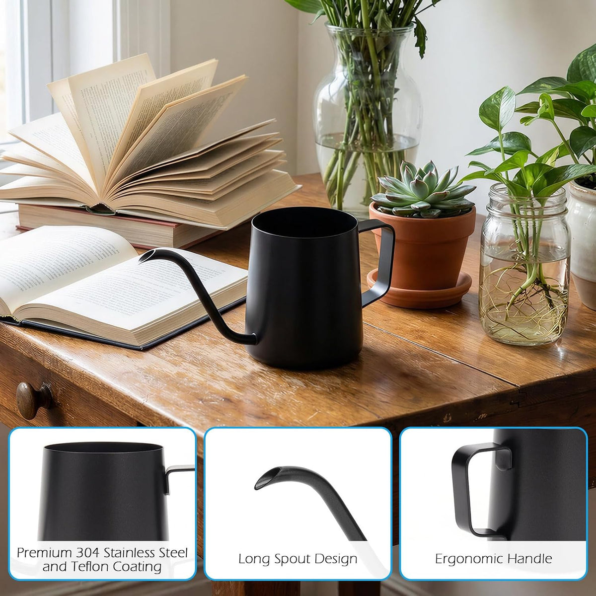 350ml Small Watering Can for Indoor Plants, 12oz Mini Plant Watering Pot with Long Spout and Handle, Black Tiny Stainless Steel Watering-Can for Outdoor Indoor Plants Flower Garden