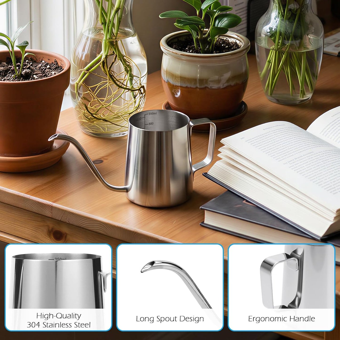 350ml Small Watering Can for Indoor Plants, 12oz Mini Plant Watering Pot with Long Spout and Handle, Black Tiny Stainless Steel Watering-Can for Outdoor Indoor Plants Flower Garden