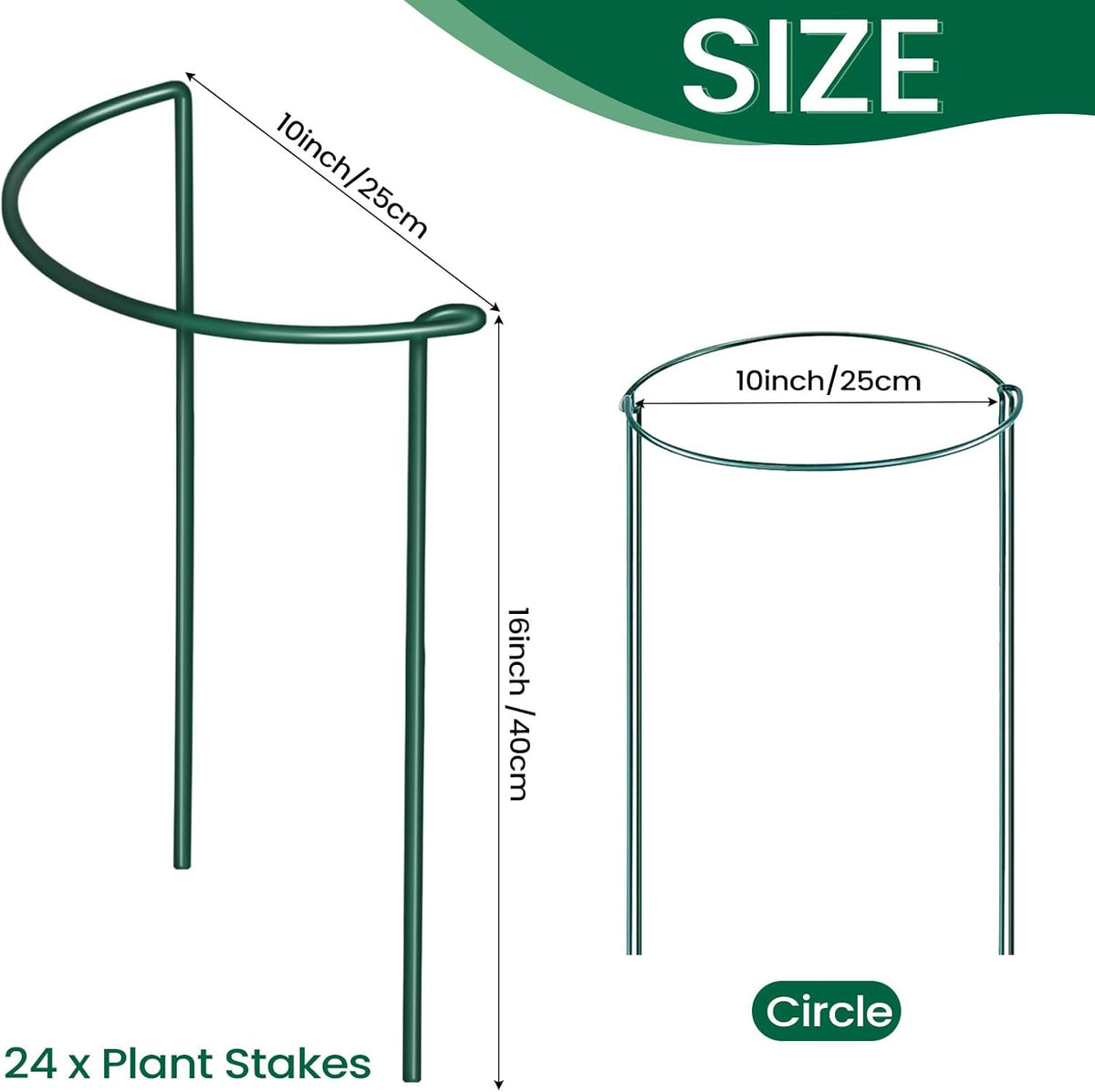 24 Pcs Snake Plant Support Stakes 10" W x 16" H Half Round Peony Cages and Supports Plant Ring Metal Garden Ring Border for Indoor Outdoor Tomato Hydrangea Peony Flower Monstera