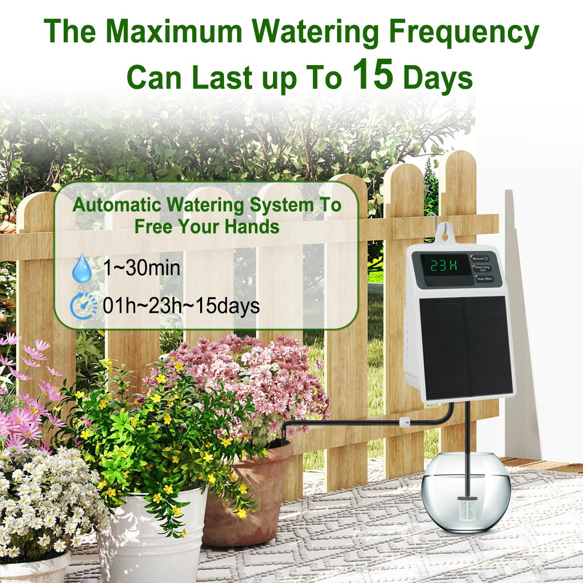 Solar Automatic Drip Irrigation System Kit Anti-Siphoning For 10 Potted Plants DIY Automatic Timing Watering for 15 Days Waterproof with Digital Display Auto Plant Waterer Outdoor Indoor Balcony Patio