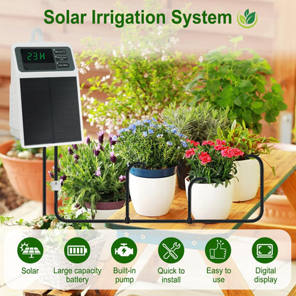 Solar Automatic Drip Irrigation System Kit Anti-Siphoning For 10 Potted Plants DIY Automatic Timing Watering for 15 Days Waterproof with Digital Display Auto Plant Waterer Outdoor Indoor Balcony Patio