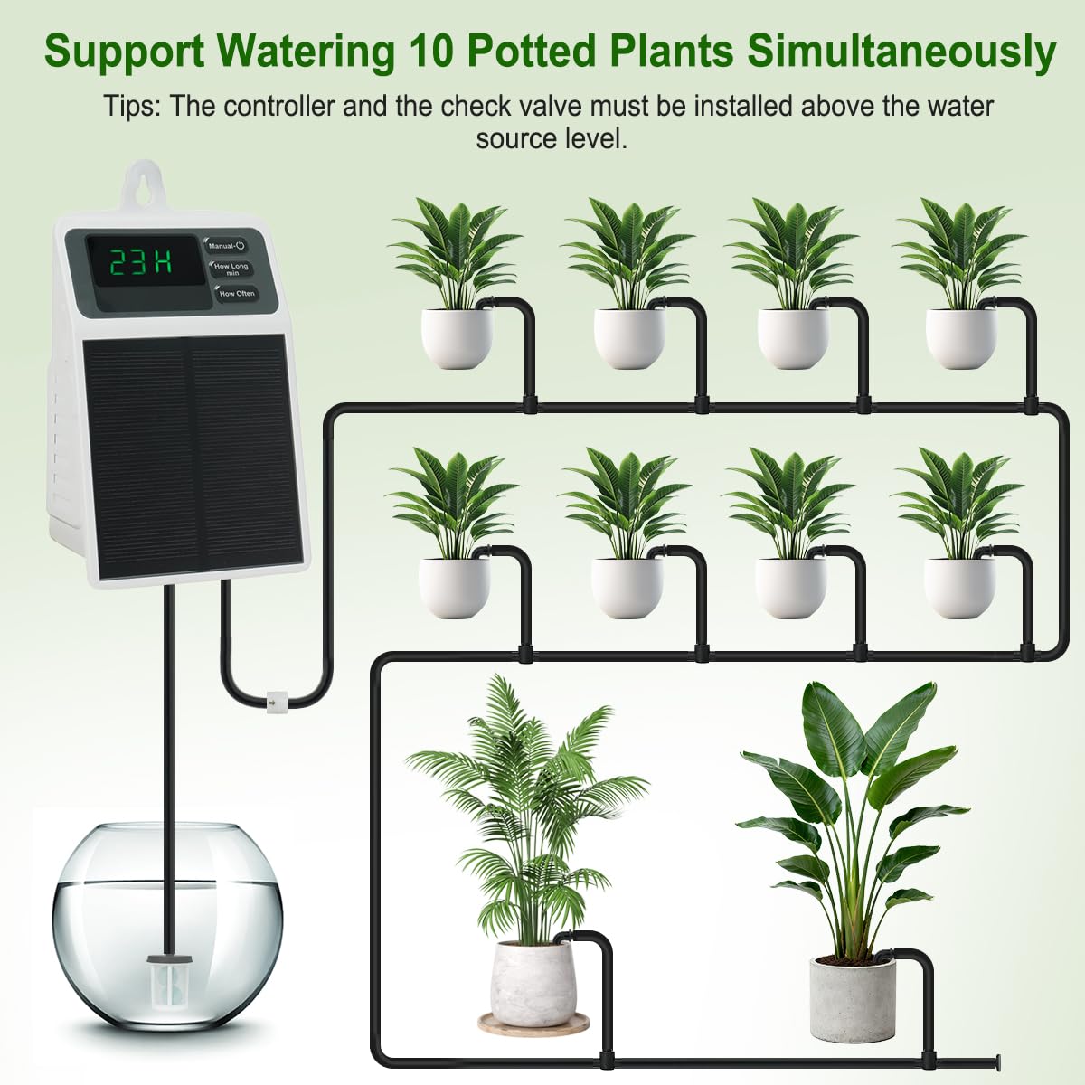 Solar Automatic Drip Irrigation System Kit Anti-Siphoning For 10 Potted Plants DIY Automatic Timing Watering for 15 Days Waterproof with Digital Display Auto Plant Waterer Outdoor Indoor Balcony Patio
