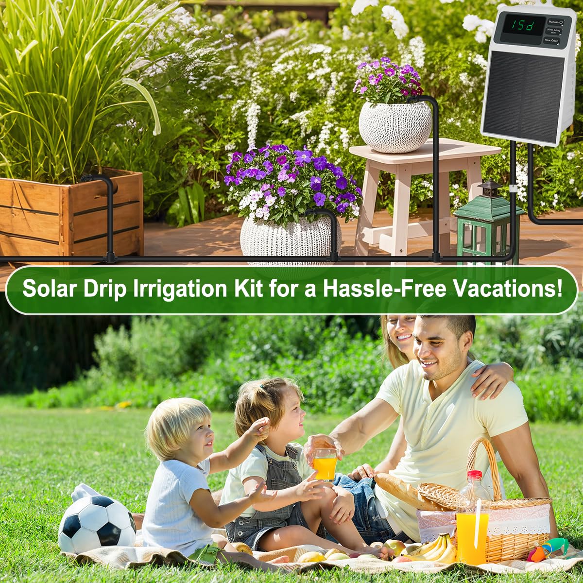 Solar Automatic Drip Irrigation System Kit Anti-Siphoning For 10 Potted Plants DIY Automatic Timing Watering for 15 Days Waterproof with Digital Display Auto Plant Waterer Outdoor Indoor Balcony Patio