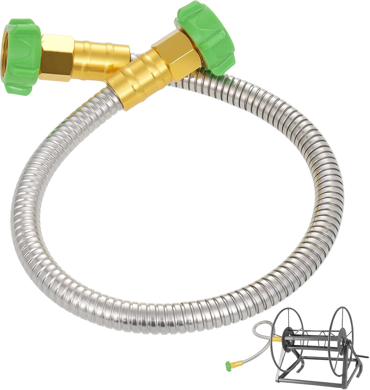 2ft Short Garden Hose with Female to Female Stainless Steel Leader Hose Connector - Flexible Metal Water Hose for Hose Reel, Cart, Garden Faucet Connection,Outdoor Watering Car Pet Cleaning