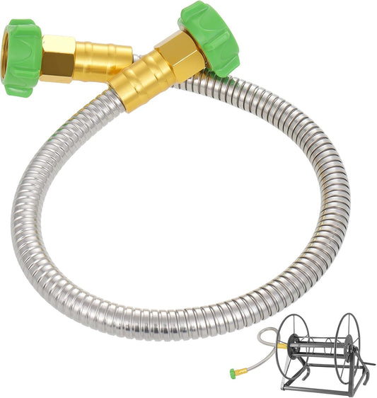 2ft Short Garden Hose with Female to Female Stainless Steel Leader Hose Connector - Flexible Metal Water Hose for Hose Reel, Cart, Garden Faucet Connection,Outdoor Watering Car Pet Cleaning