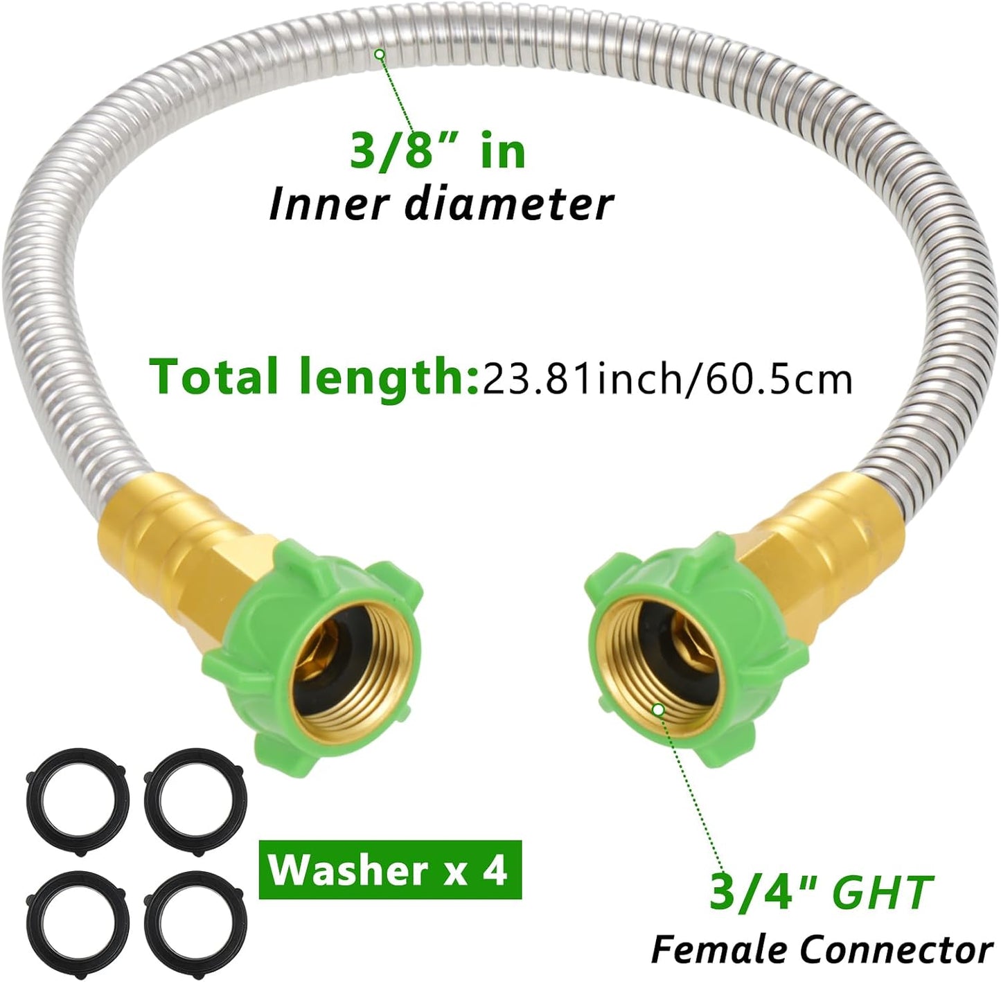 2ft Short Garden Hose with Female to Female Stainless Steel Leader Hose Connector - Flexible Metal Water Hose for Hose Reel, Cart, Garden Faucet Connection,Outdoor Watering Car Pet Cleaning