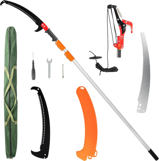 12ft Manual Pole Saws, Extendable Tree Trimmers Long Handle Pruner, 2Pcs Sharp Blade and Scissors, Long Tree Pruner with 2-section for Pruning Palms and Shrubs
