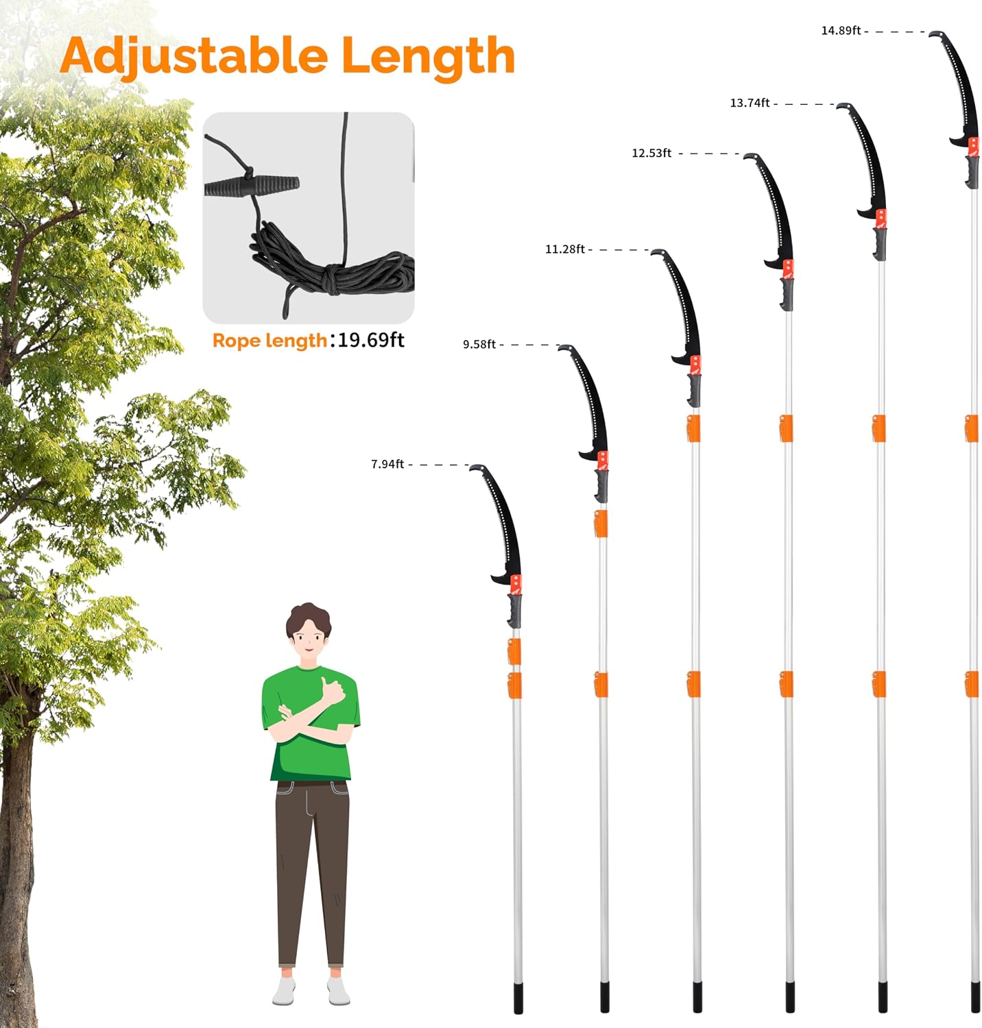 12ft Manual Pole Saws, Extendable Tree Trimmers Long Handle Pruner, 2Pcs Sharp Blade and Scissors, Long Tree Pruner with 2-section for Pruning Palms and Shrubs