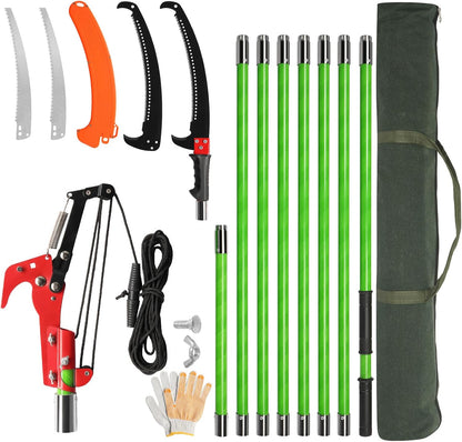 12ft Manual Pole Saws, Extendable Tree Trimmers Long Handle Pruner, 2Pcs Sharp Blade and Scissors, Long Tree Pruner with 2-section for Pruning Palms and Shrubs