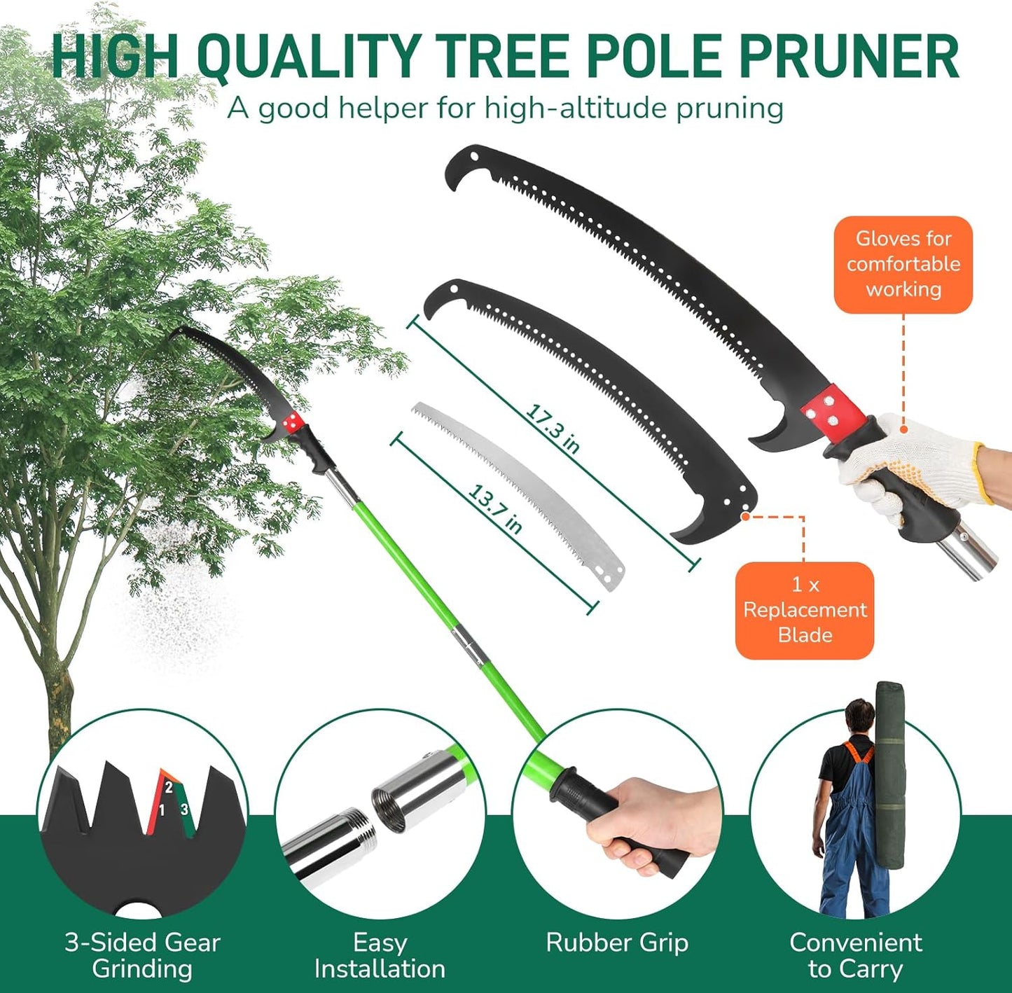 12ft Manual Pole Saws, Extendable Tree Trimmers Long Handle Pruner, 2Pcs Sharp Blade and Scissors, Long Tree Pruner with 2-section for Pruning Palms and Shrubs