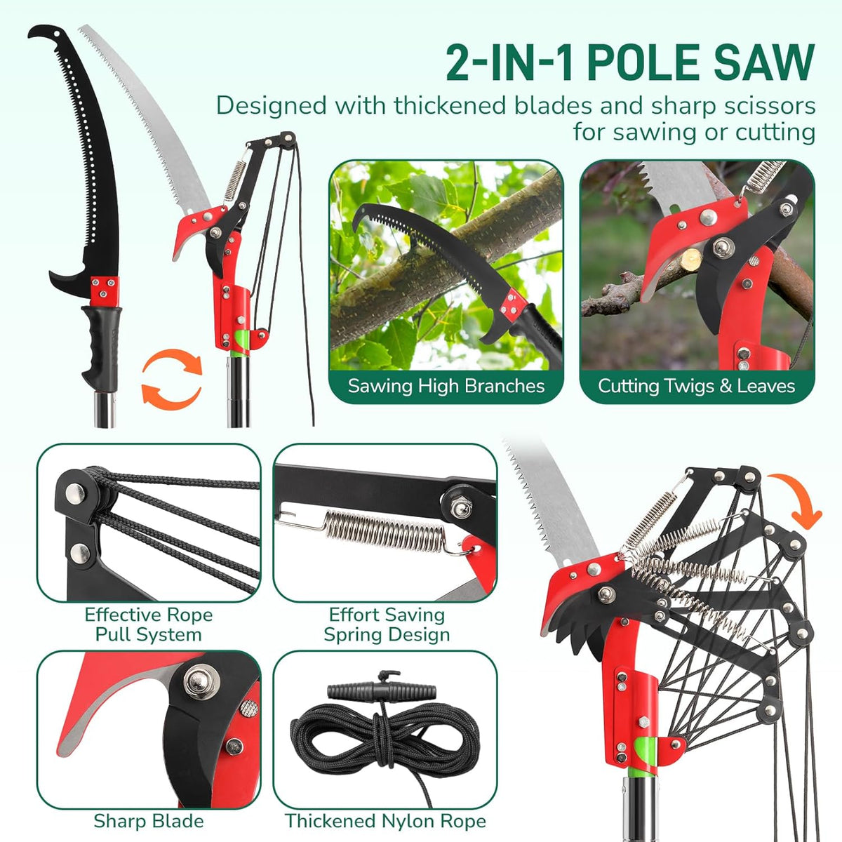 12ft Manual Pole Saws, Extendable Tree Trimmers Long Handle Pruner, 2Pcs Sharp Blade and Scissors, Long Tree Pruner with 2-section for Pruning Palms and Shrubs