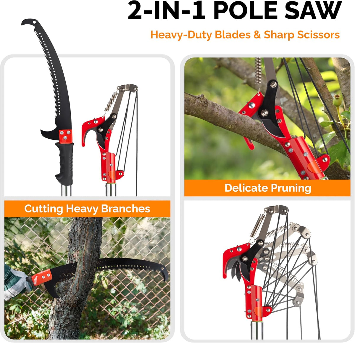 12ft Manual Pole Saws, Extendable Tree Trimmers Long Handle Pruner, 2Pcs Sharp Blade and Scissors, Long Tree Pruner with 2-section for Pruning Palms and Shrubs