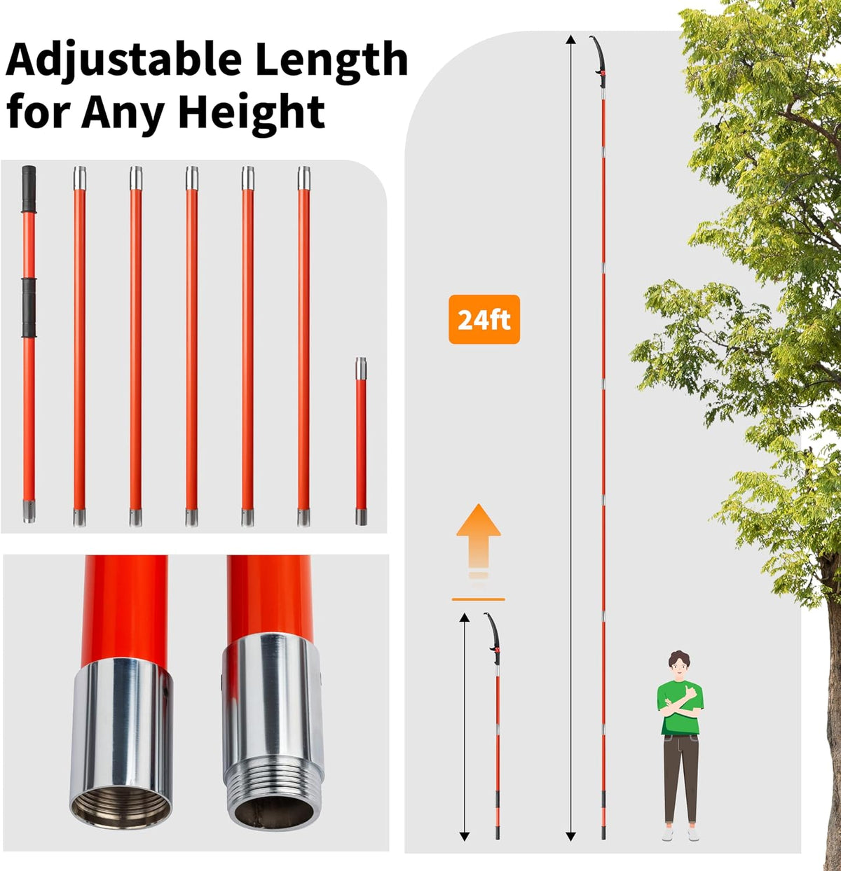 12ft Manual Pole Saws, Extendable Tree Trimmers Long Handle Pruner, 2Pcs Sharp Blade and Scissors, Long Tree Pruner with 2-section for Pruning Palms and Shrubs