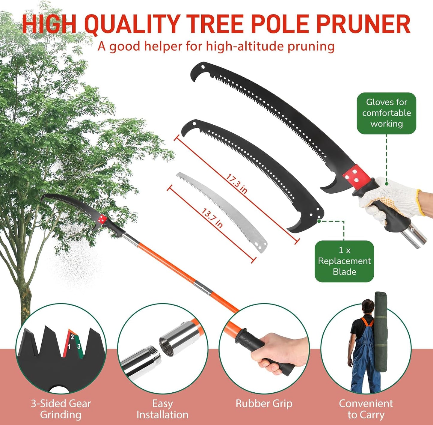 12ft Manual Pole Saws, Extendable Tree Trimmers Long Handle Pruner, 2Pcs Sharp Blade and Scissors, Long Tree Pruner with 2-section for Pruning Palms and Shrubs